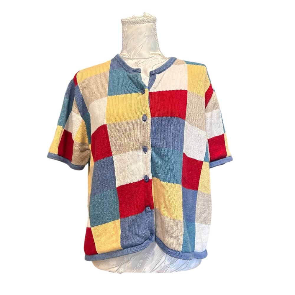 Patchwork Checked Knit Short Sleeve Cardigan Wome… - image 1